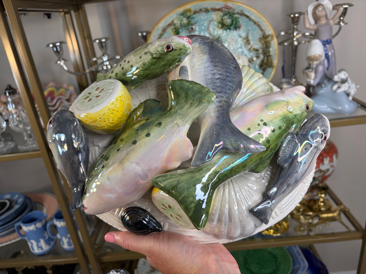 Stunning Italian Fish Tureen with raised fish and lemons and basket design!
