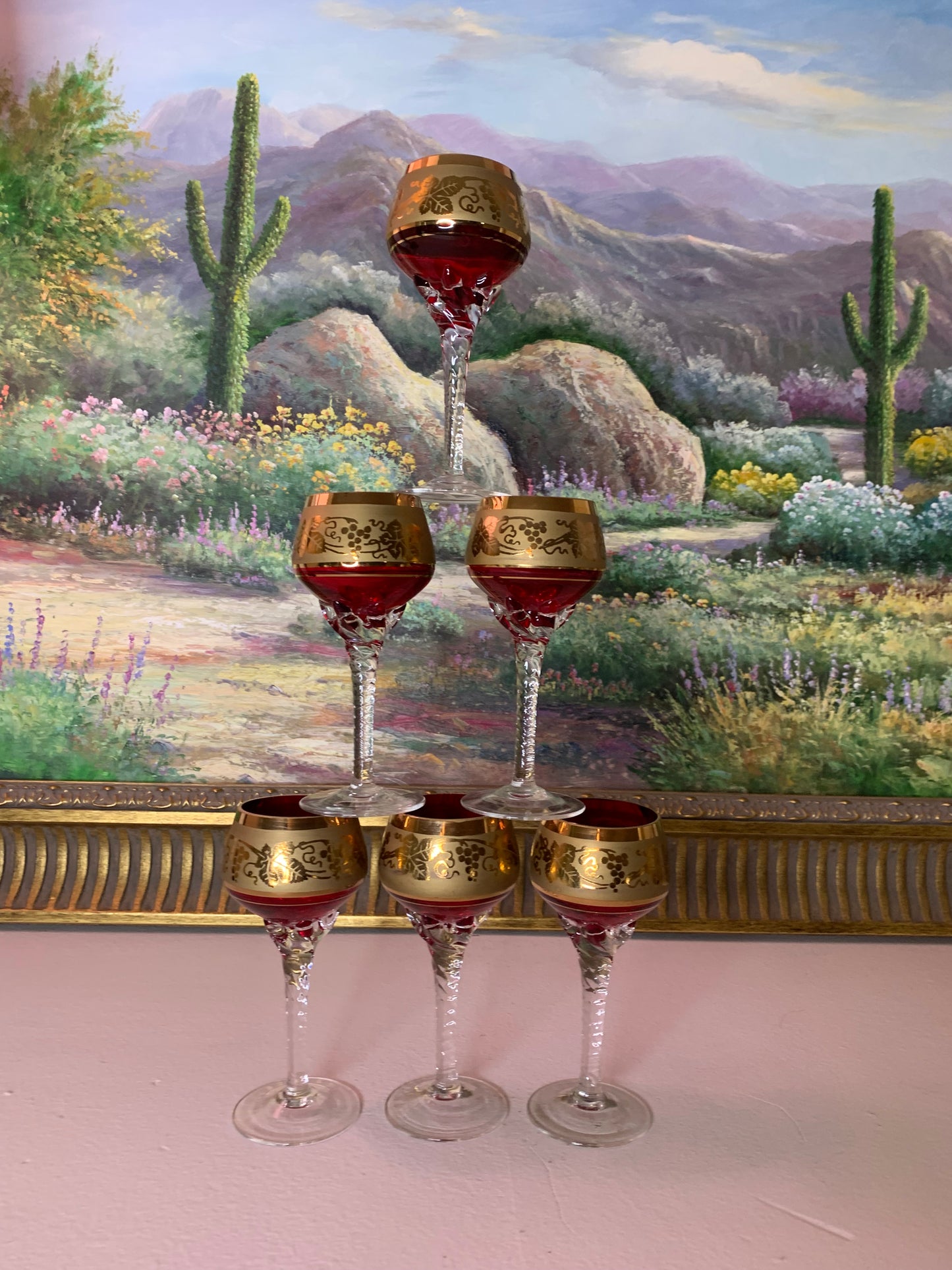 Stunning set of 6 Murano cordial liquor glasses with ruby red and gold gilded! - Excellent condition!