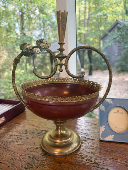 Lovely decorative brass centerpiece bowl or tazza featuring a reddish-maroon enameled body!