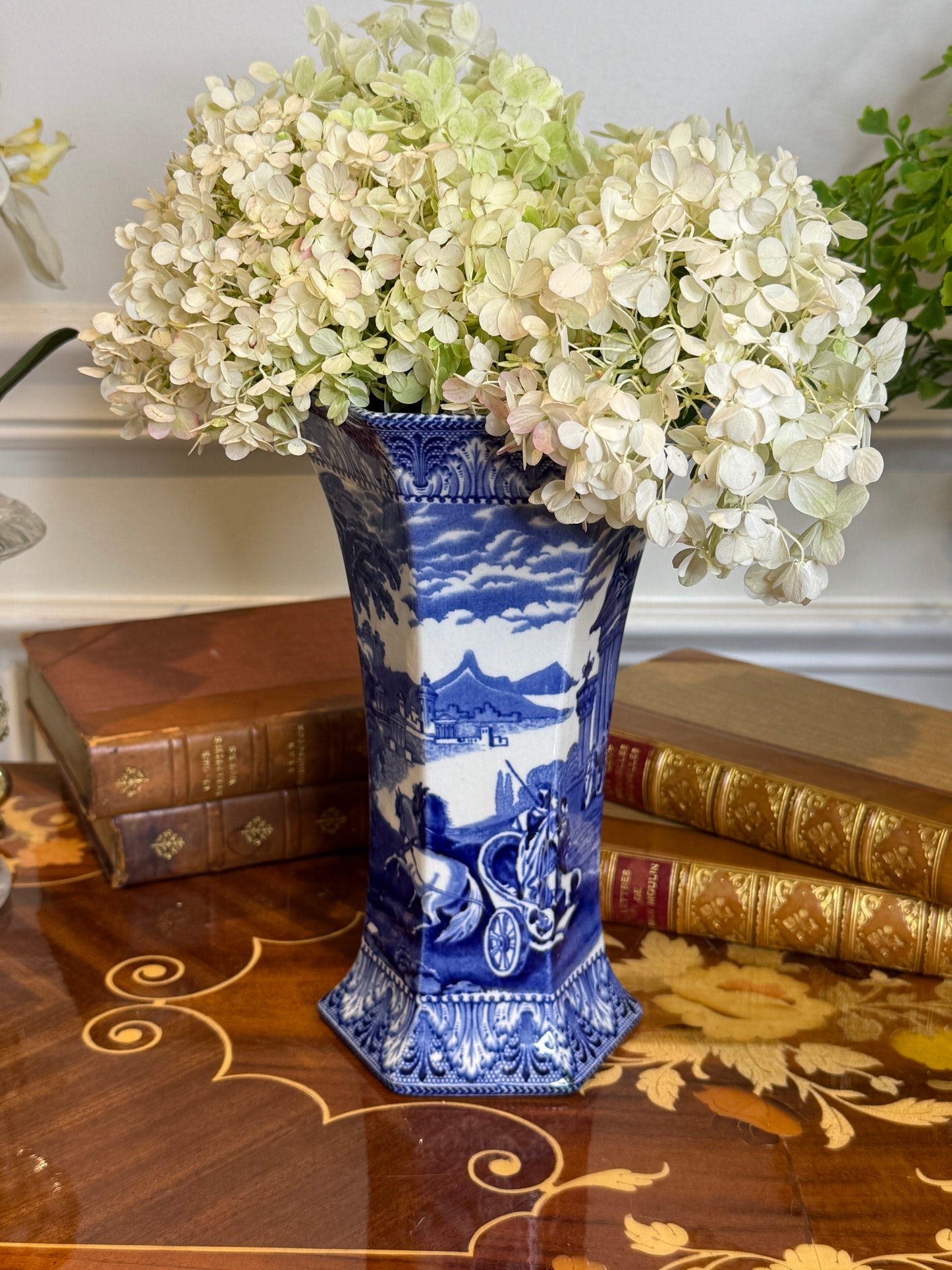 Antique 1920s Cauldon England Blue & White Carriage Vase | 8”