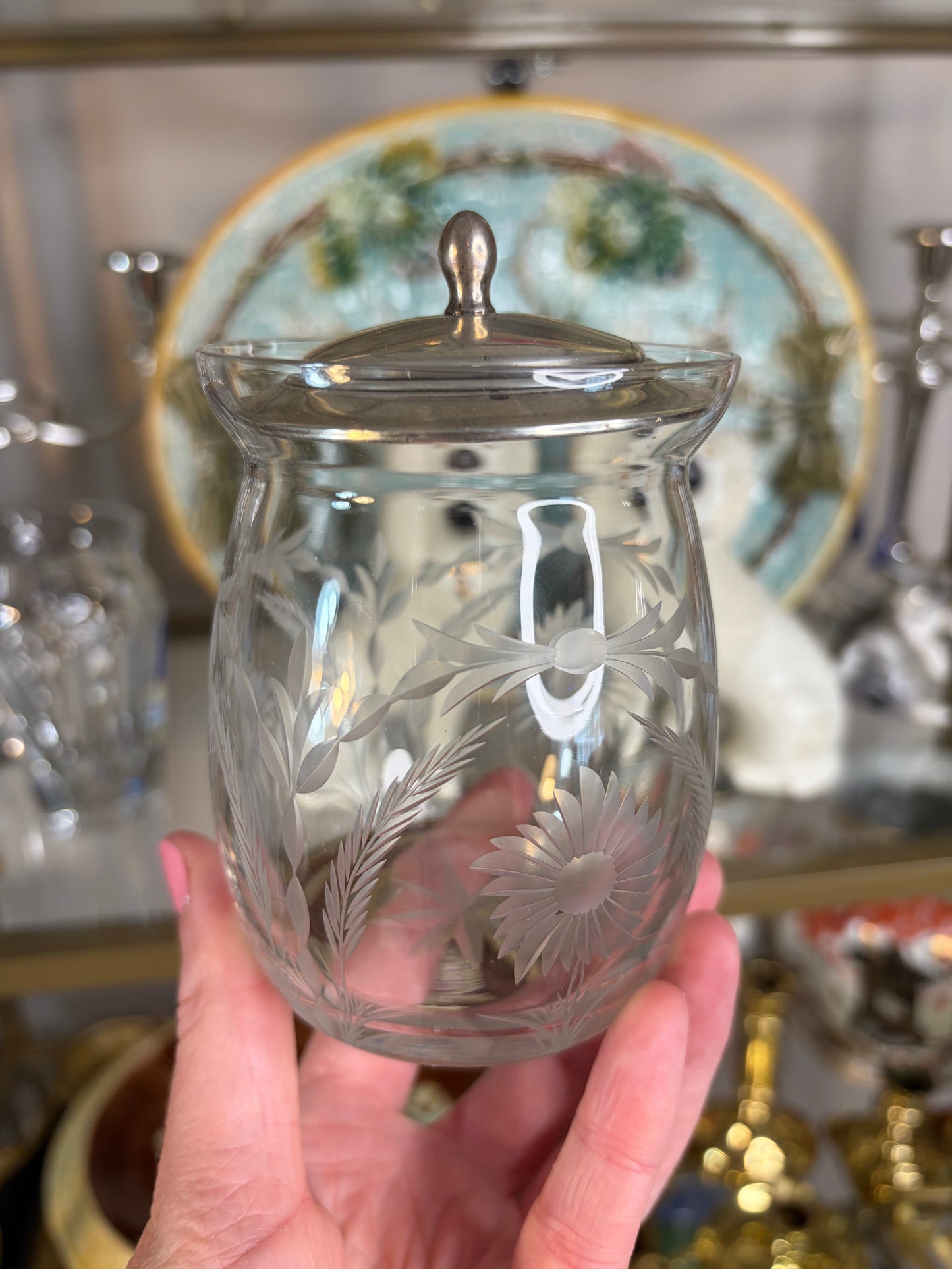 Beautiful Etched floral jar with sterling lid!