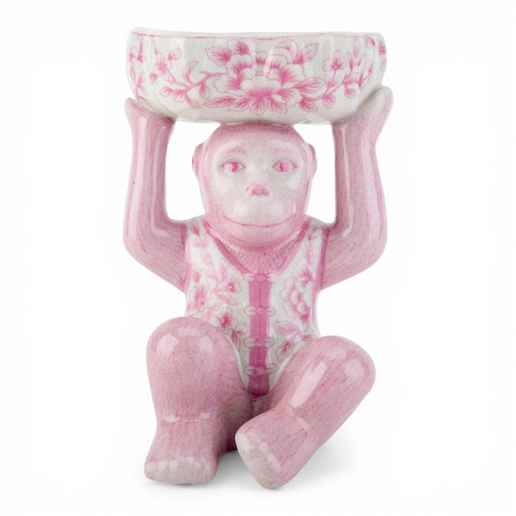 Danny's Fine Porcelain - Pink Floral Porcelain Monkey Figure Bowl – 6”L x 6”W x 8.5”H