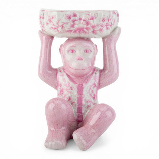 Danny's Fine Porcelain - Pink Floral Porcelain Monkey Figure Bowl – 6”L x 6”W x 8.5”H