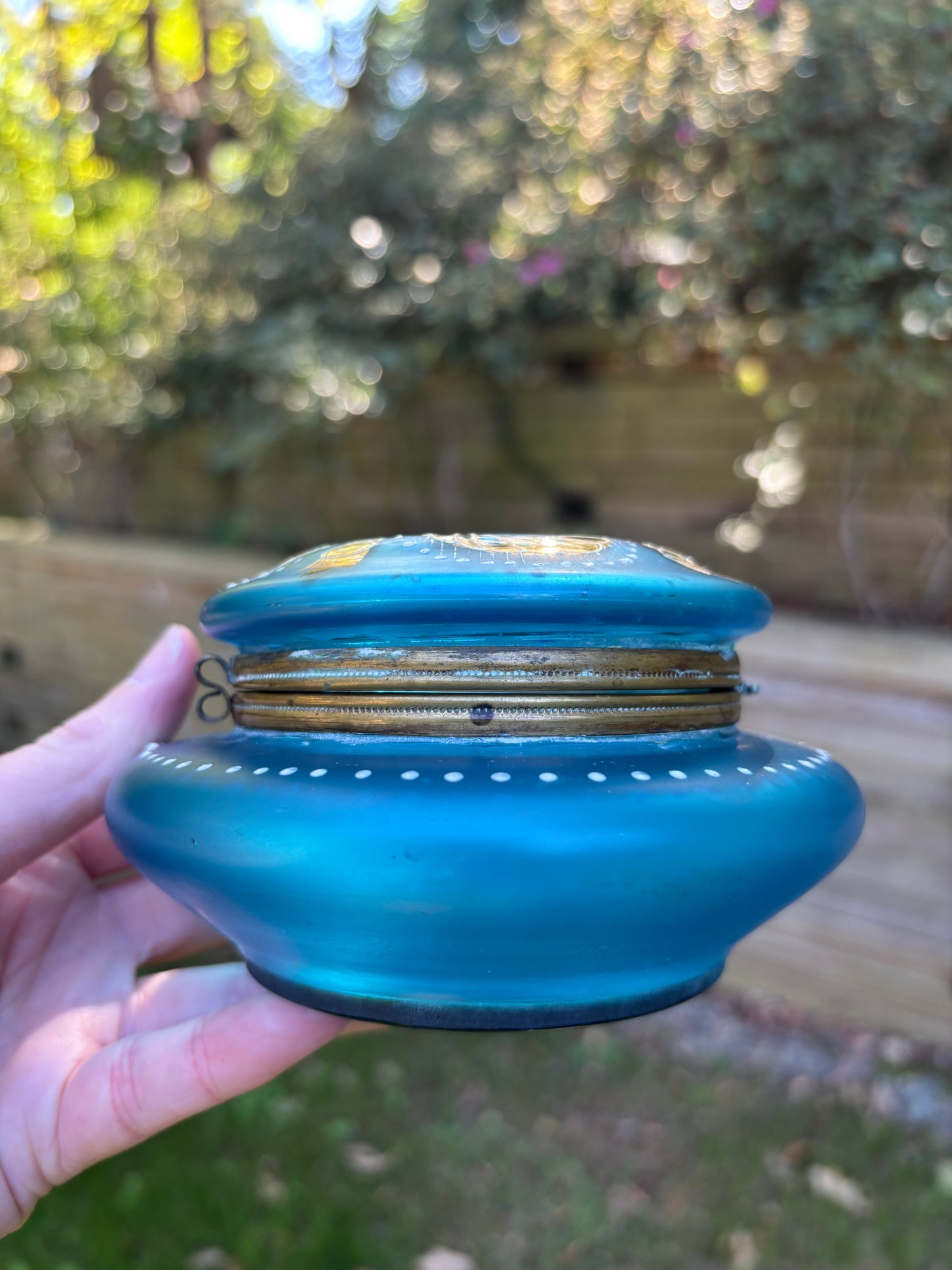 Gorgeous older blue and gold dresser box with handpainted details!