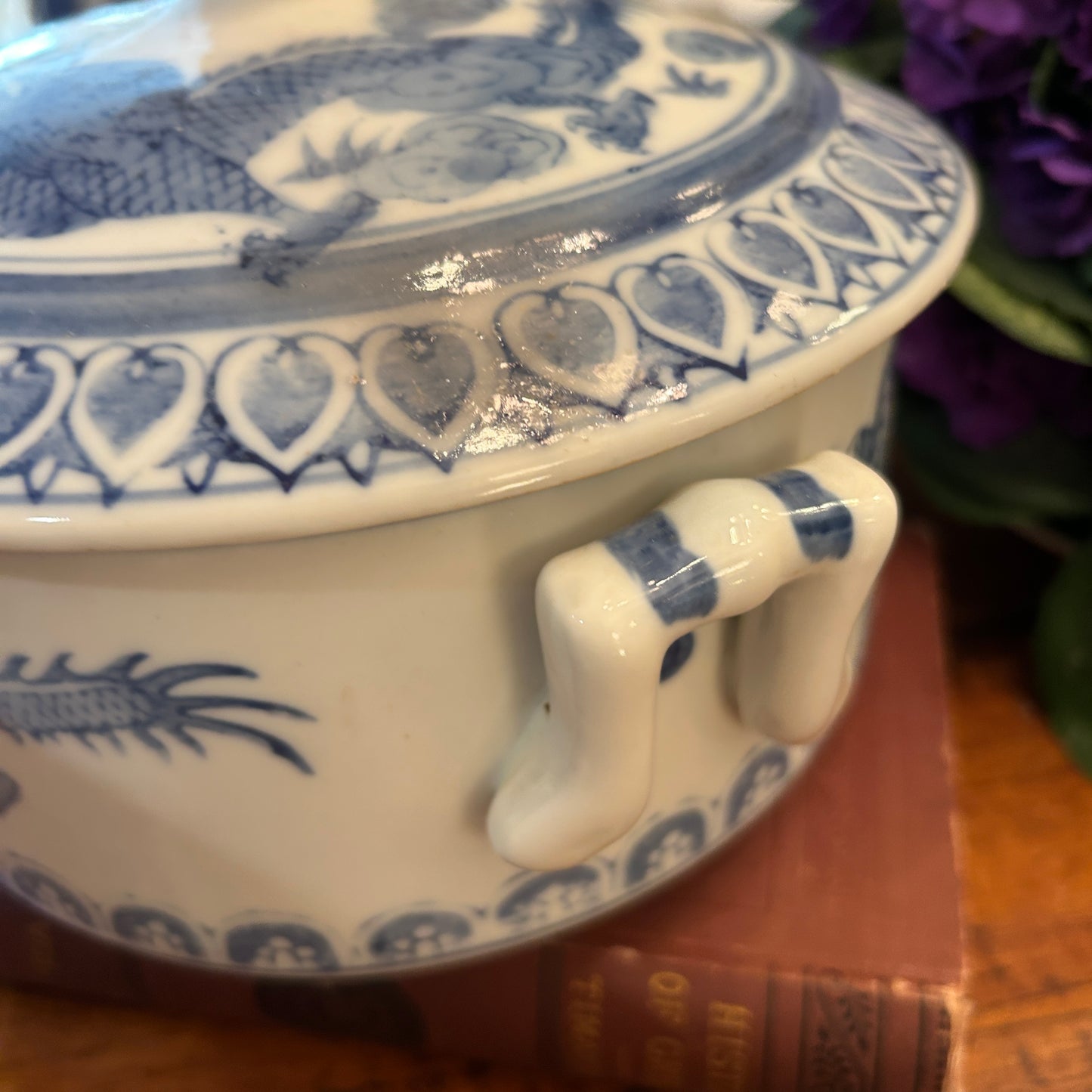 Vintage blue and white dragon chinoiserie lidded dish
