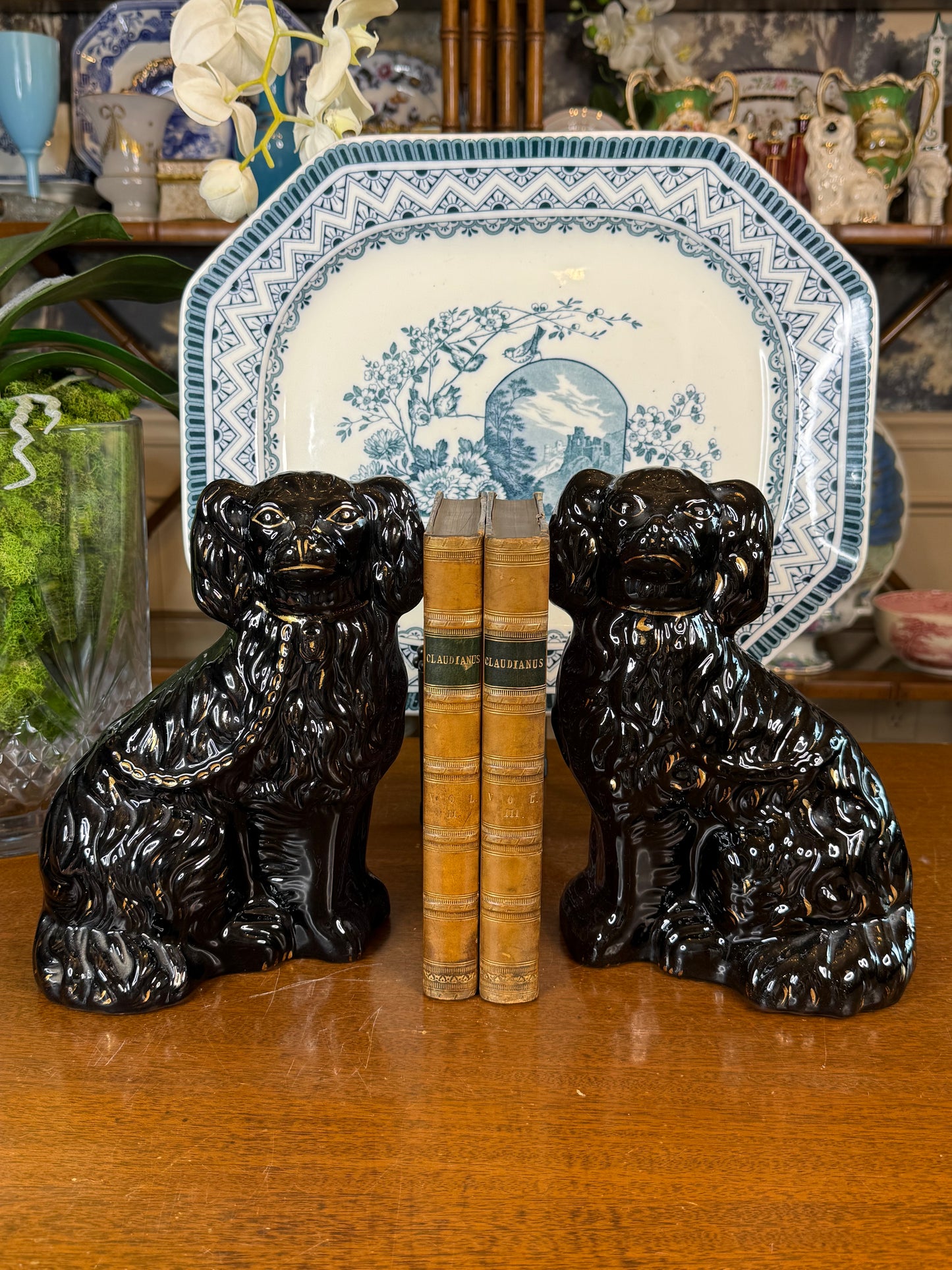 Antique Pair of 19th Century Black Jackfield Spaniels | Staffordshire Dogs | 9.5"H x 7"W x 3.5"D | #DA4506