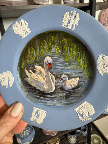 Swan original oil painting on Wedgwood plate 6.75”