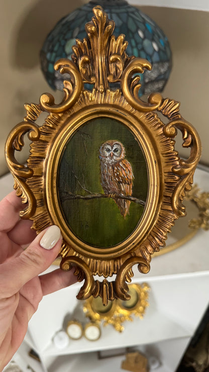 Day 6 challenge owl original oil painting in wooden vintage frame