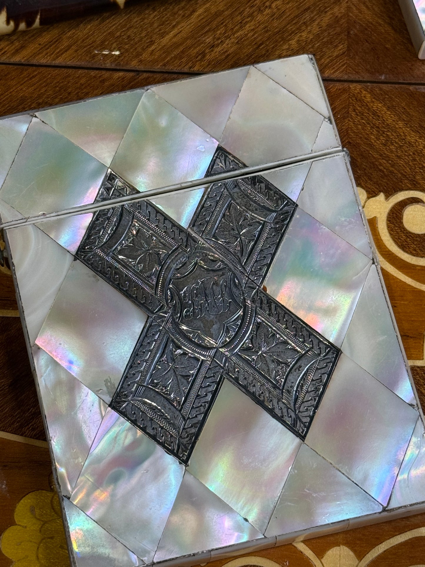 RESERVED Style C: Antique mother-of-pearl Harlequin style calling card case featuring a sterling silver cartouche to the front and a monogrammed sterling X panel.