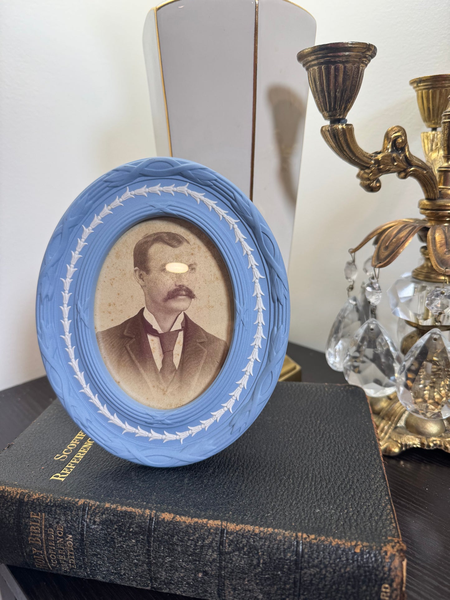 Wedgwood lavender frame with male portrait 6.5” tall