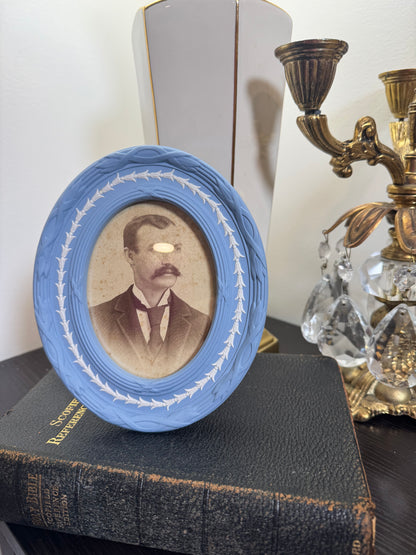 Wedgwood lavender frame with male portrait 6.5” tall