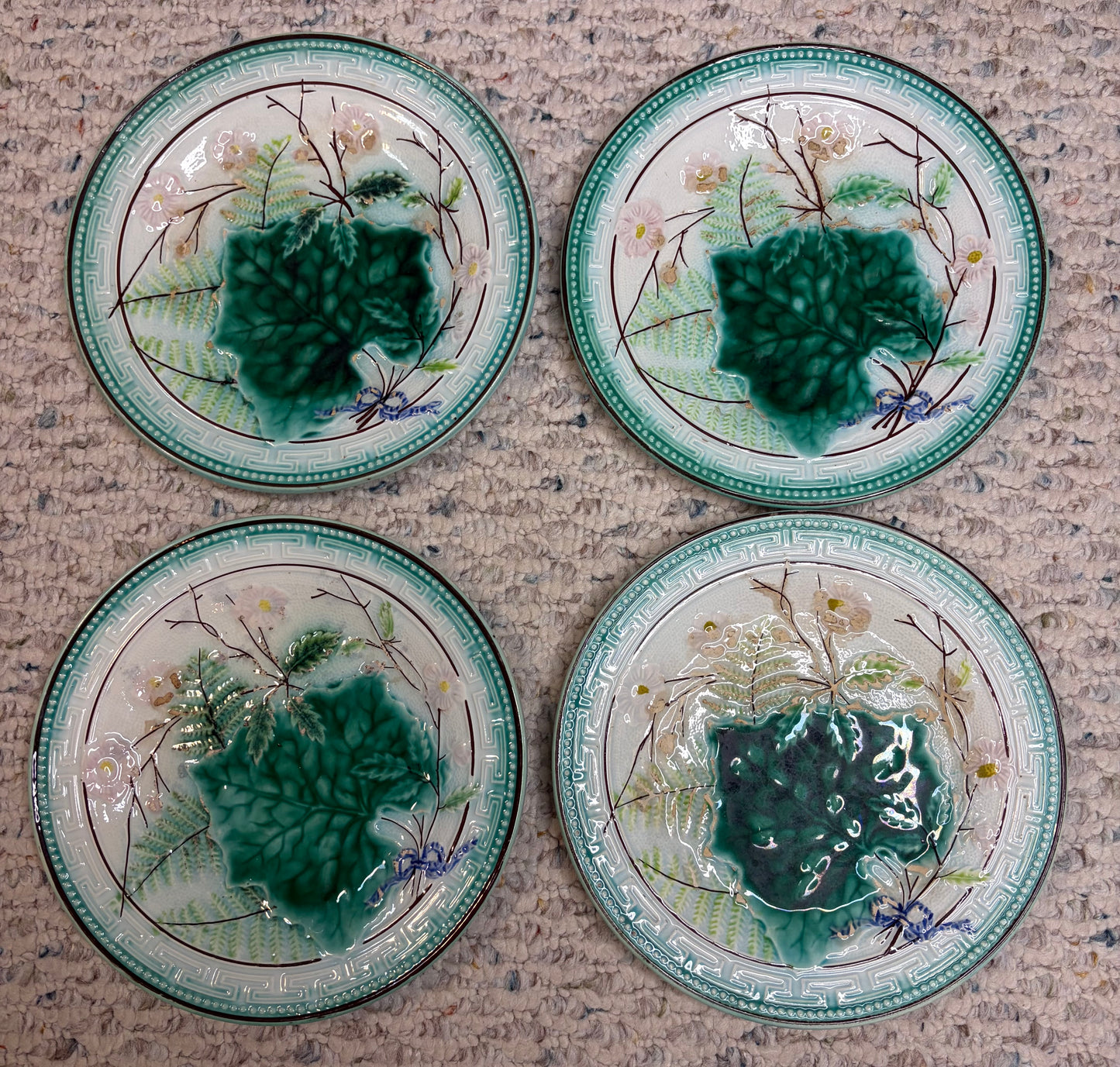 Antique majolica leaf plates with Greek key border- Set of 4! As is!