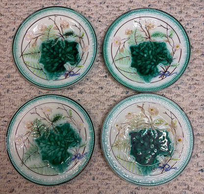 Antique majolica leaf plates with Greek key border- Set of 4! As is!