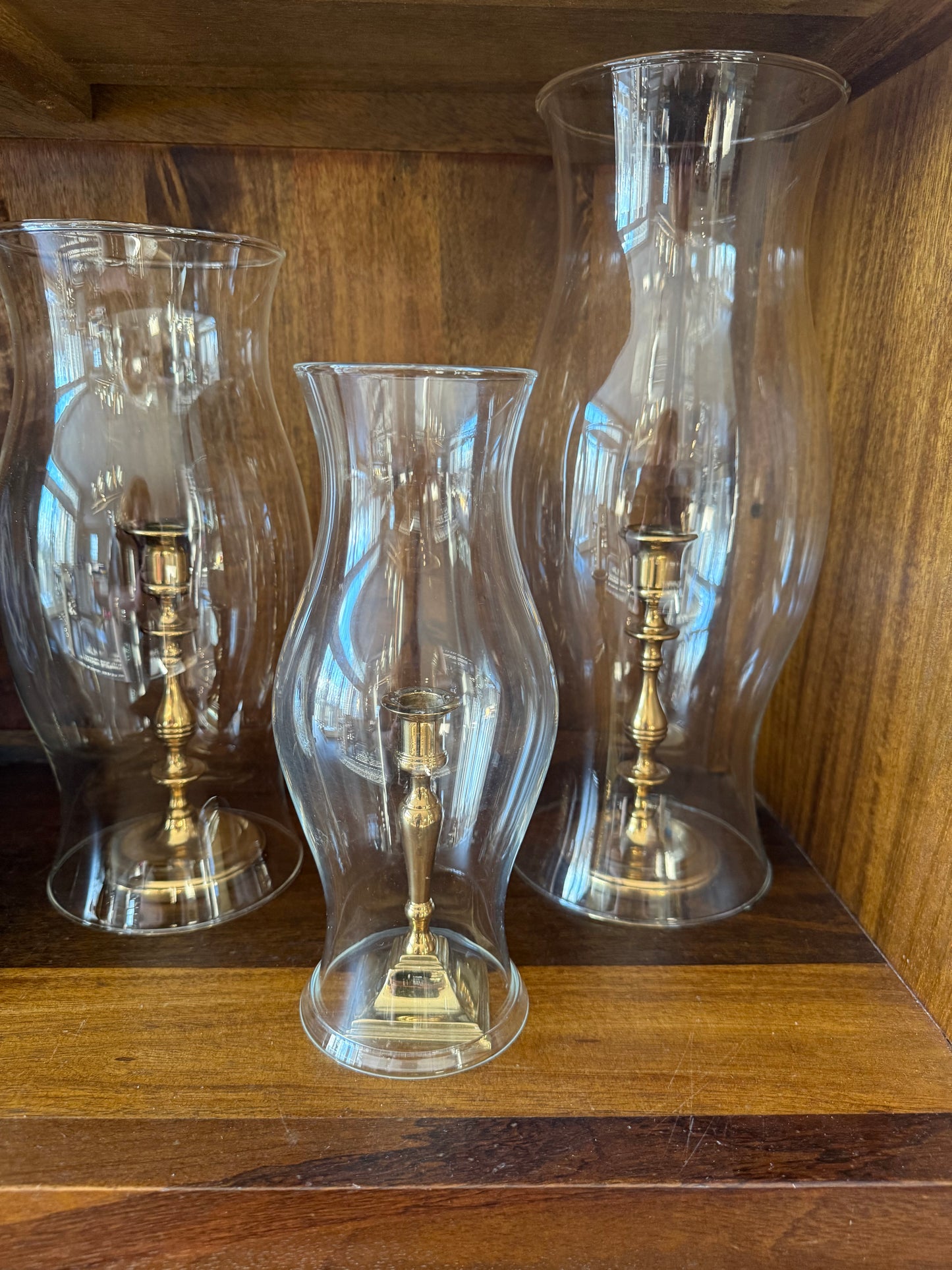 Vintage Set of 3 Glass Hurricanes with Brass Candlestick Holders 9.5-14”