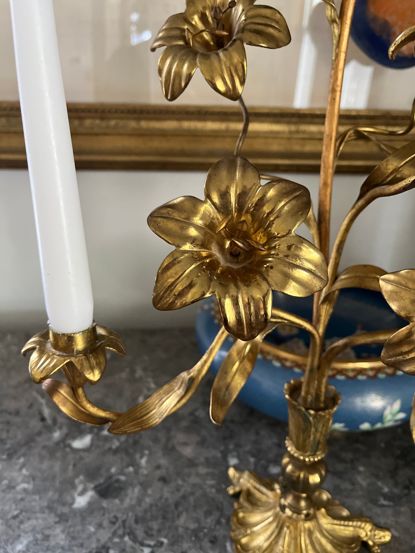 Antique French Tole Three-Light Gilt Floral Candelabra, Church Alter Style