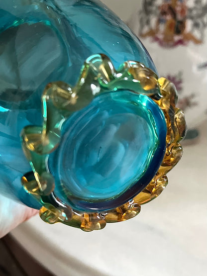 Antique Bohemian Aqua Art Glass Vase with Applied Amber Rigaree & Handles | 5”