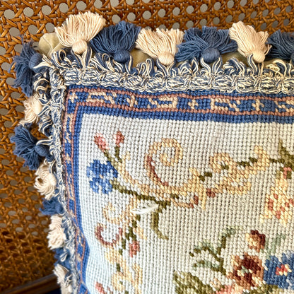 Beautiful blue botanical oversized custom needlepoint pillow 16 x 16