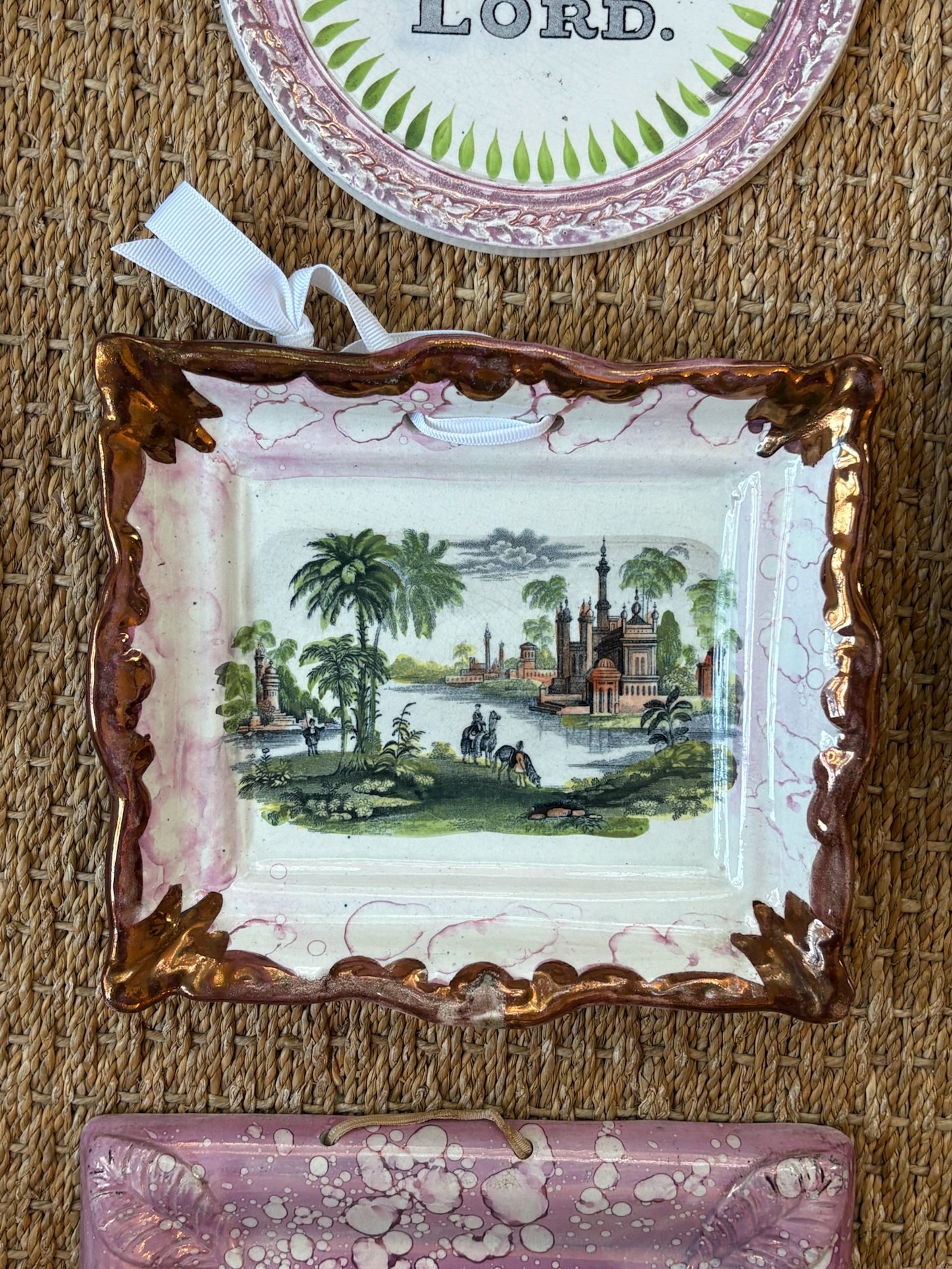 WCCR Charitable Item #121 | Antique Sunderland Pink Lustre Ceramic Wall Plaque | Exotic Landscape Transferware | Copper Lustre Border | 9” x 8”