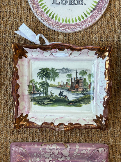 WCCR Charitable Item #121 | Antique Sunderland Pink Lustre Ceramic Wall Plaque | Exotic Landscape Transferware | Copper Lustre Border | 9” x 8”
