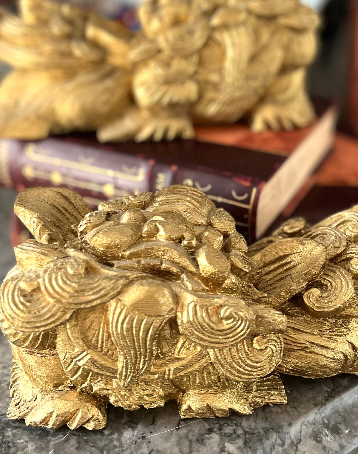 Live 09/15 Fabulous Antique Pair Of Hand Carved Wood Gilded Shishi Lions