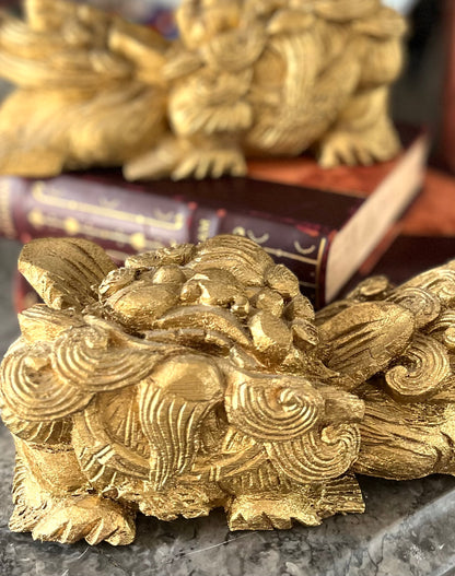 Live 09/15 Fabulous Antique Pair Of Hand Carved Wood Gilded Shishi Lions