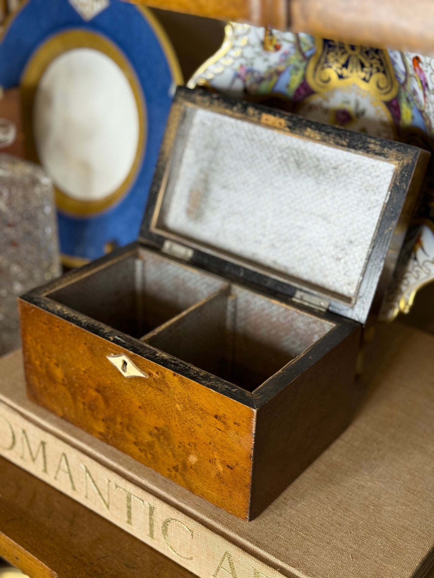 Antique English BIRDS EYE MAPLE Wood “Tea” Caddy with Bone & Mother-of-Pearl Inlay, c. 1820–1850