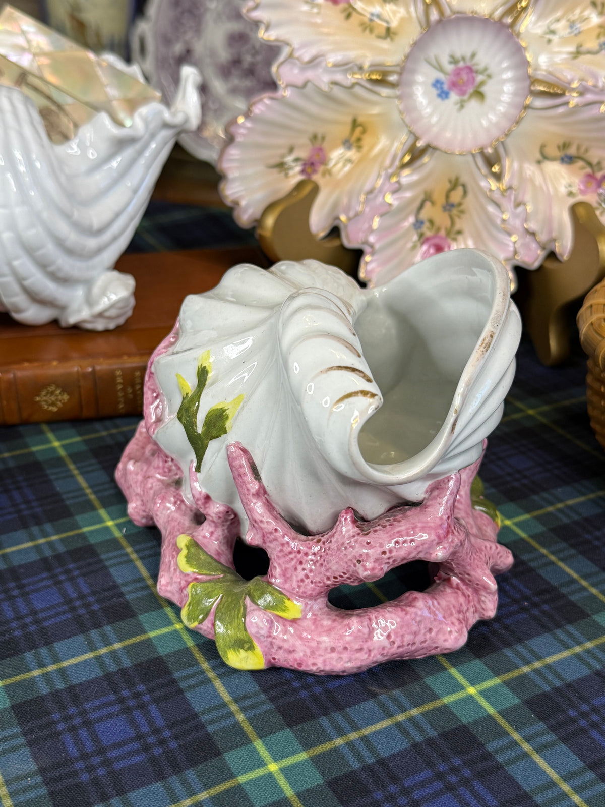 Antique 1860’s Copeland Majolica Conch Shell & Pink Coral Spoon Warmer | Victorian England