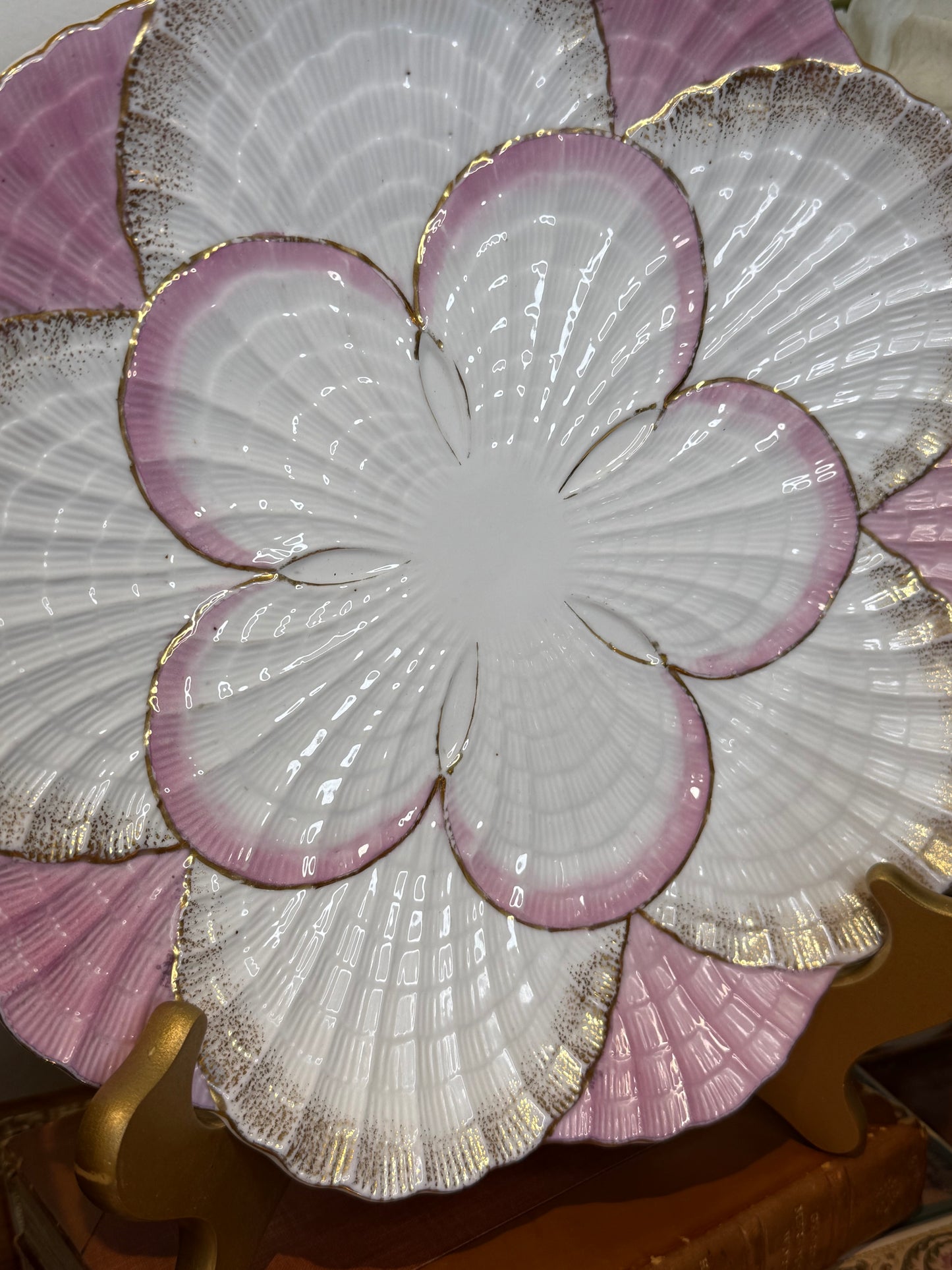 Antique German Porcelain Oyster Plate | Pink, White & Gold Radial Shell Arrangement | 10.5” Diameter