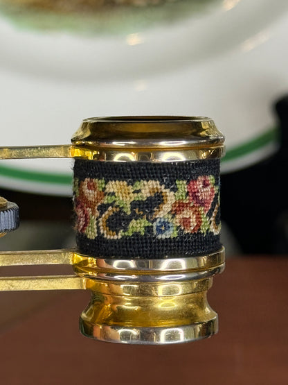 RESERVED - MOLLIE- Vintage French Petit-Point Opera Glasses, Floral Needlepoint & Gilt Metal Theater Binoculars, c.1930–1950, 3.5” W x 1.25” H