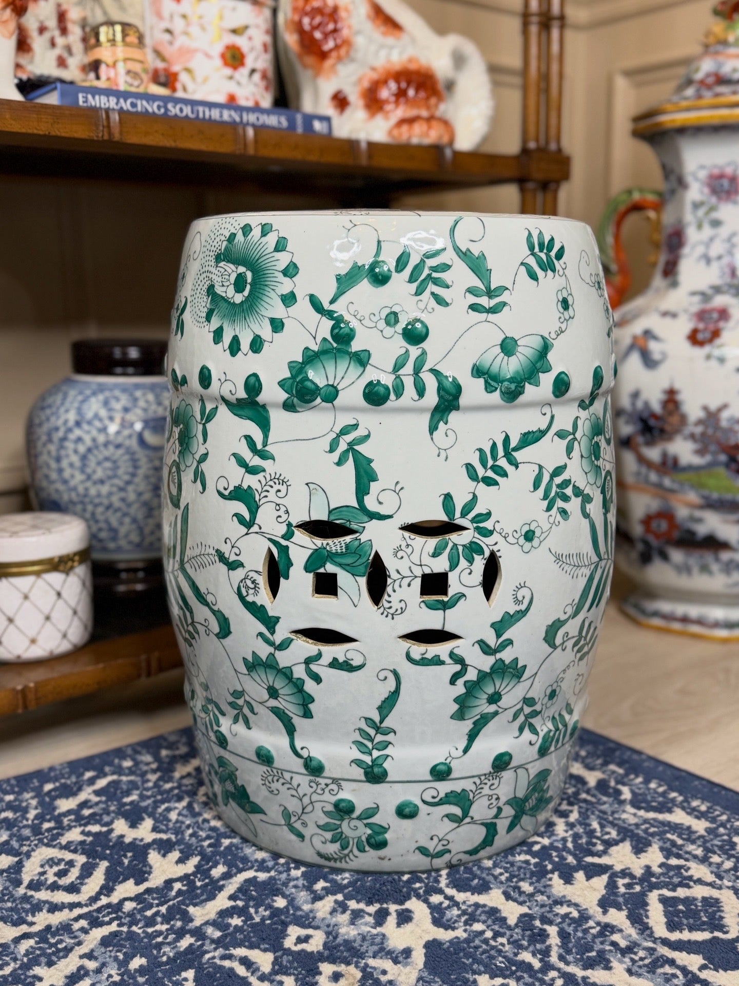 Chinoiserie 18” Green & White Porcelain Garden Stool – Pierced Drum Form with Floral Scrollwork