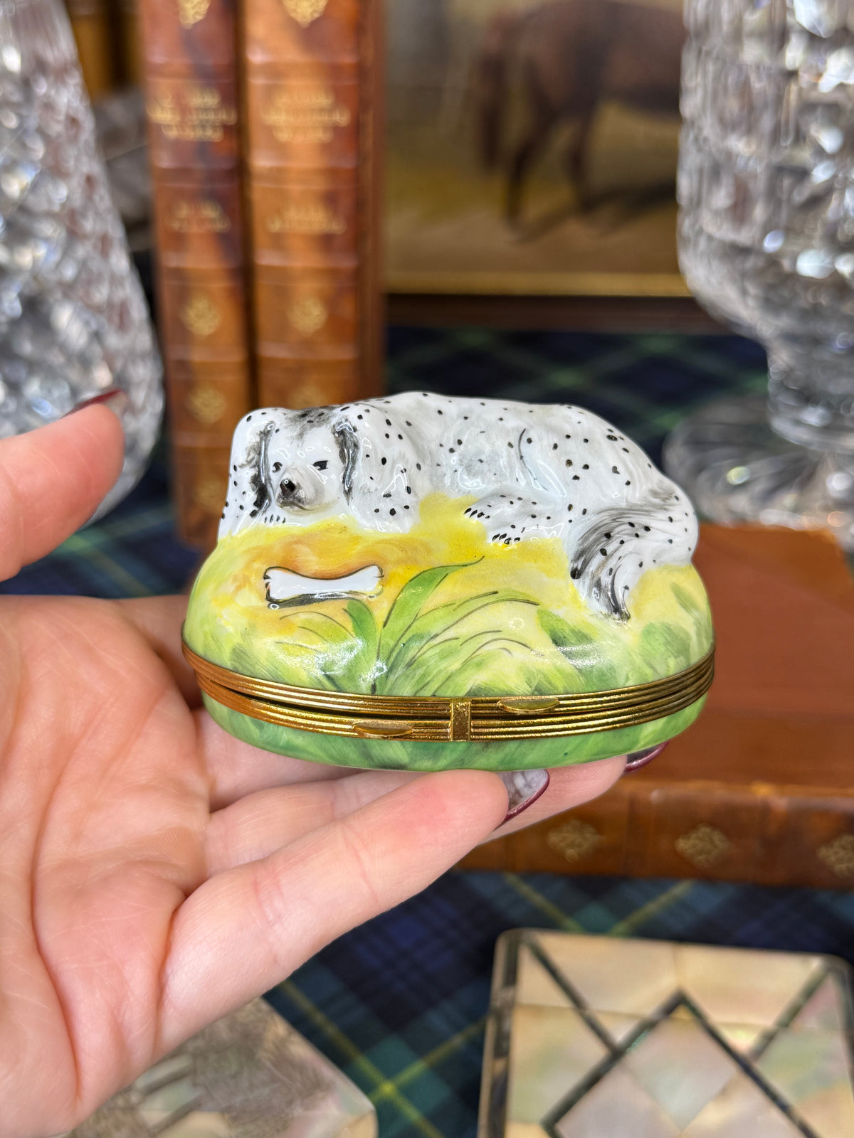 Vintage French Limoges Porcelain English Setter Dog Hinged Trinket Box | Hand Painted | 3.5” W
