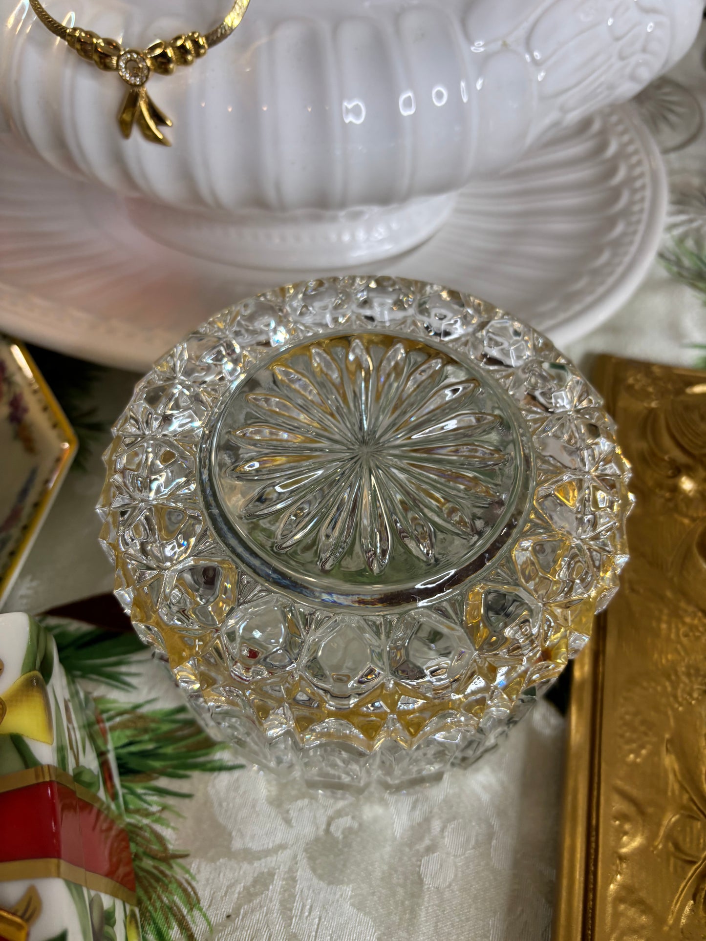 Beautiful round dresser box with brass detail!