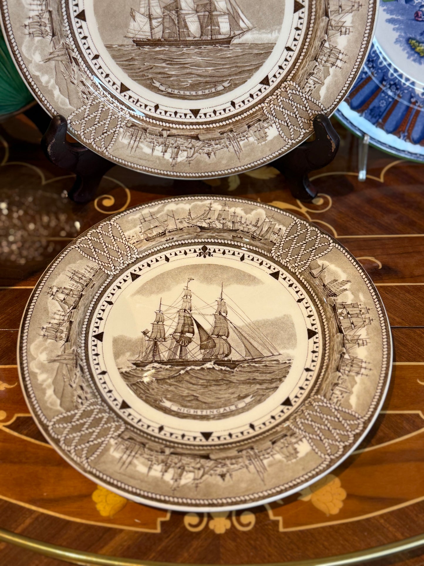 Vintage Set of (5) Wedgwood “The American Clipper Ship Plates” 9” Brown Transferware Nautical Plates – England