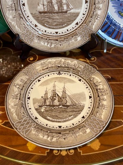 Vintage Set of (5) Wedgwood “The American Clipper Ship Plates” 9” Brown Transferware Nautical Plates – England