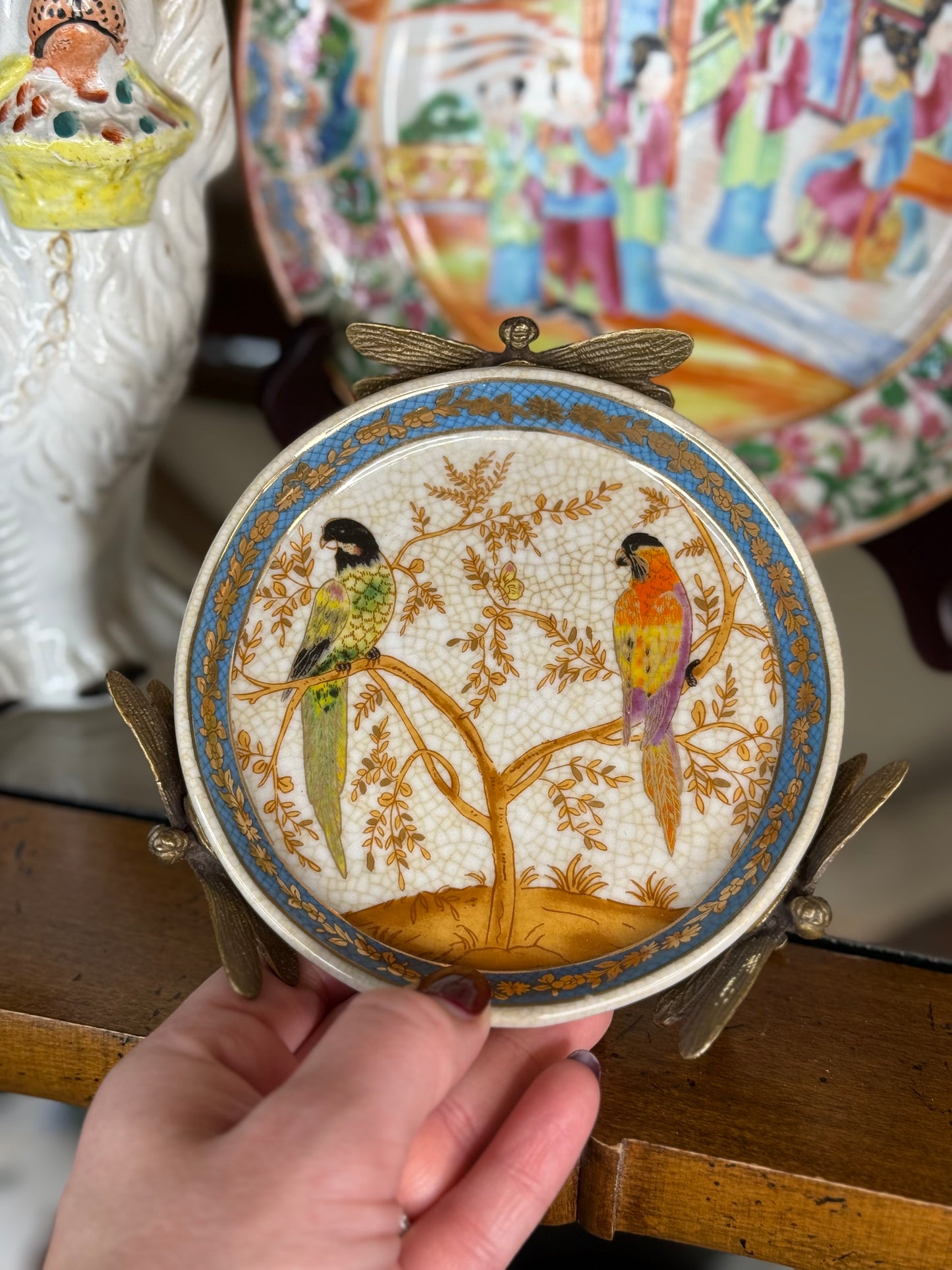 Danny’s Fine Porcelain - Dish with Dragonfly Handles – Hand-Painted Parrots & Gilded Accents
