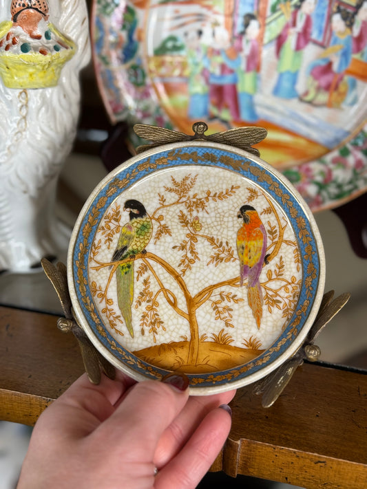 Danny’s Fine Porcelain - Dish with Dragonfly Handles – Hand-Painted Parrots & Gilded Accents