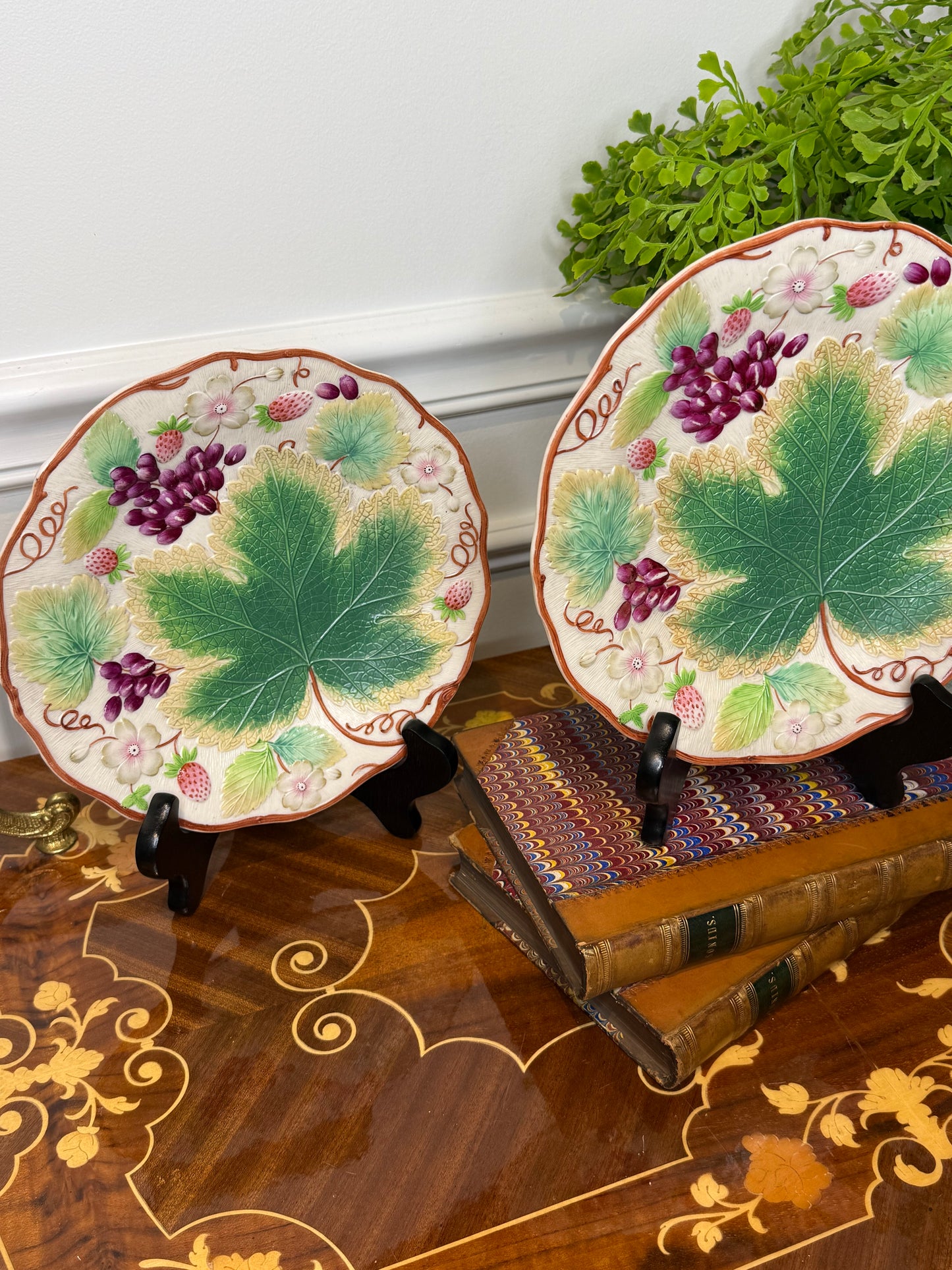 Pair of Antique Victorian Majolica-Style Botanical Plates | 8.5" Diameter