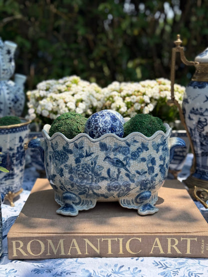 Danny's Fine Porcelain - SCALLOP EDGE PORCELAIN OVAL BASIN -BLUE BIRDS, 12L X 8W X 7H