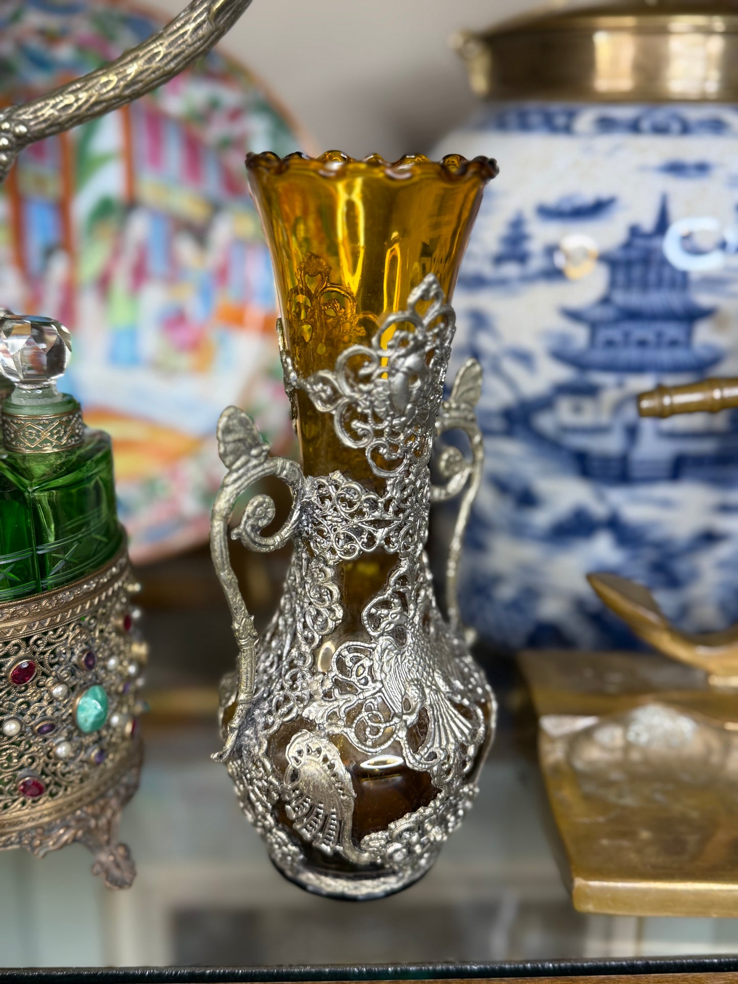 Amber Blown Glass Vase W/ Ornate Metal Overlay | Double-Handled Phoenix Motif