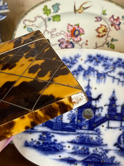 Antique Tortoiseshell & Silver Inlaid Calling Card Case | Georgian/Victorian Era | 4” x 3” | As-Is