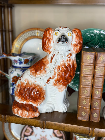 Antique Staffordshire Spaniel Dogs | Red & White Mantel Pair | 10” Tall