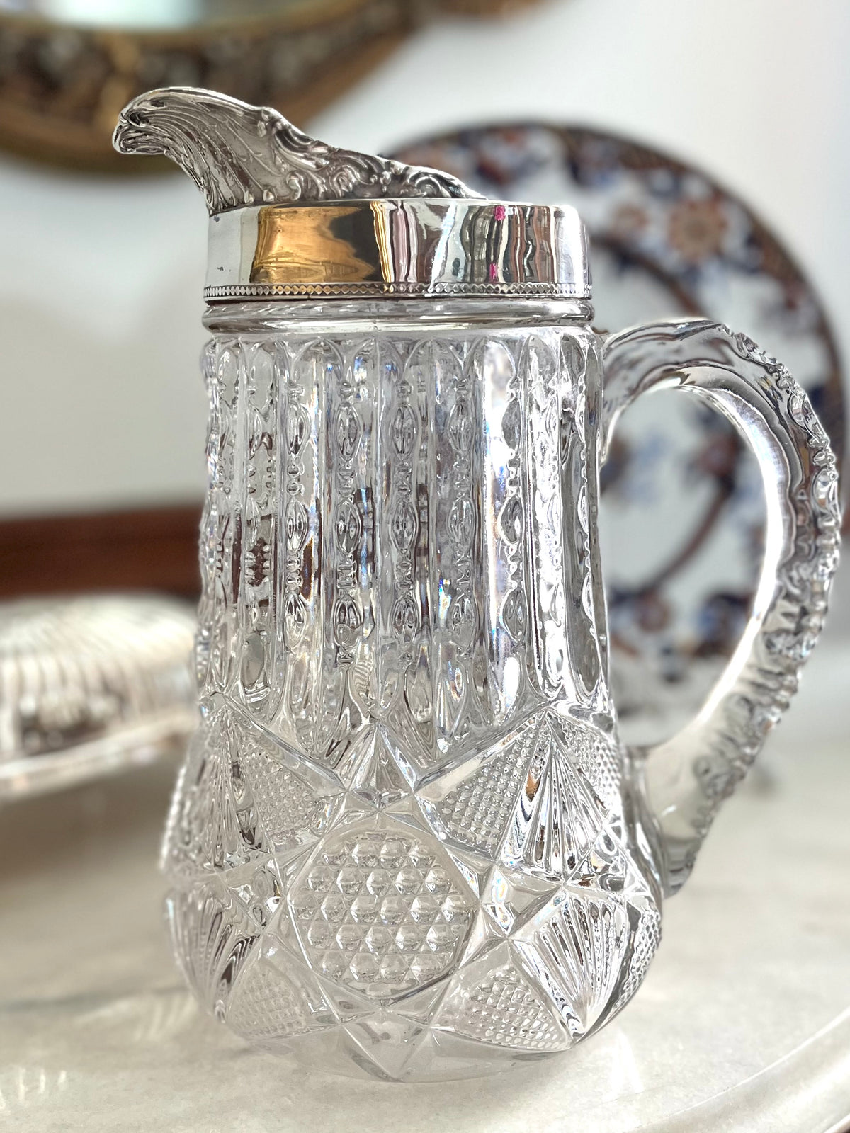 Live 09/20 Gorgeous Cut Victorian EAPG Pressed Glass Pitcher with Ornate Silverplate Mount l