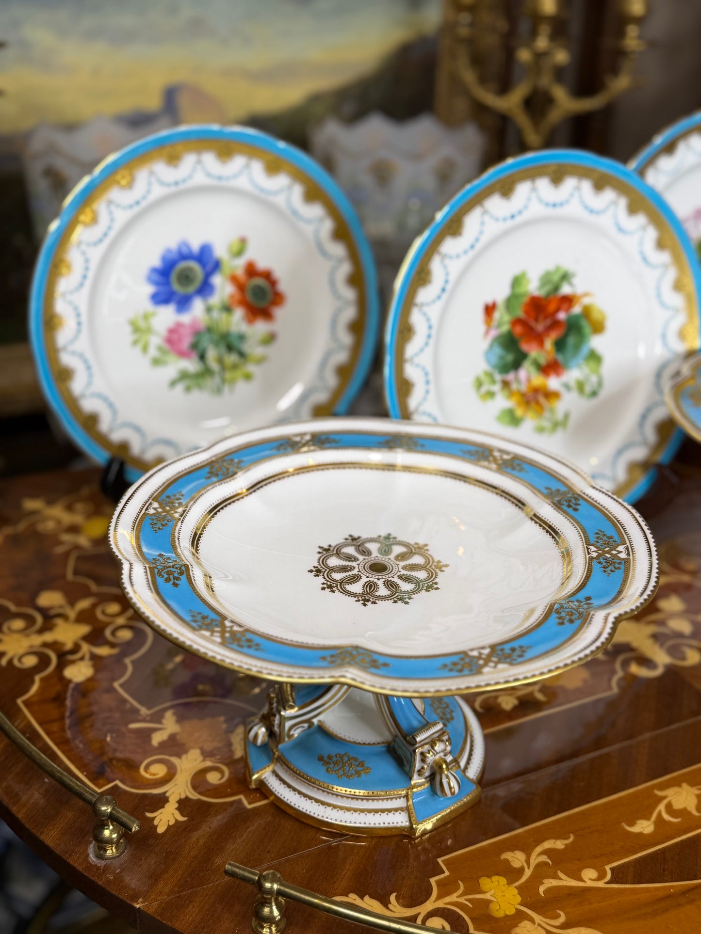 Coalport Raised Gilt Comport, c. 1850 – Turquoise & Gold, 10” Diameter (2 available)