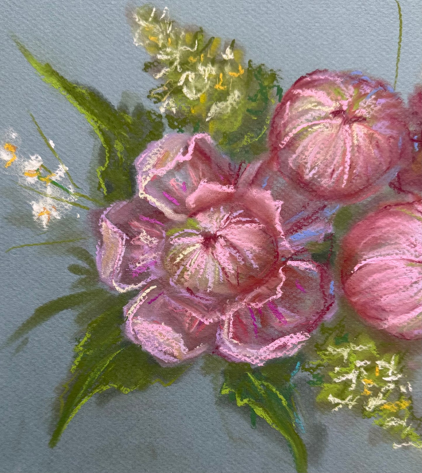 Pink Hydrangea pink peony Soft Pastel Drawing Original Floral Art 9x12”