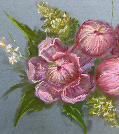 Pink Hydrangea pink peony Soft Pastel Drawing Original Floral Art 9x12”