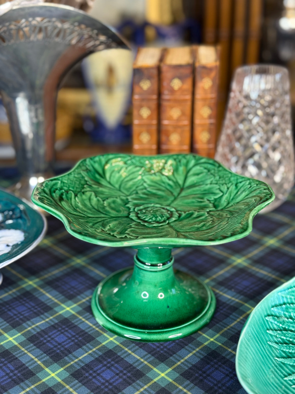 Antique Wedgwood Green Majolica Leaf & Floral Comport | 8.5”W × 4.25”H | DA4610