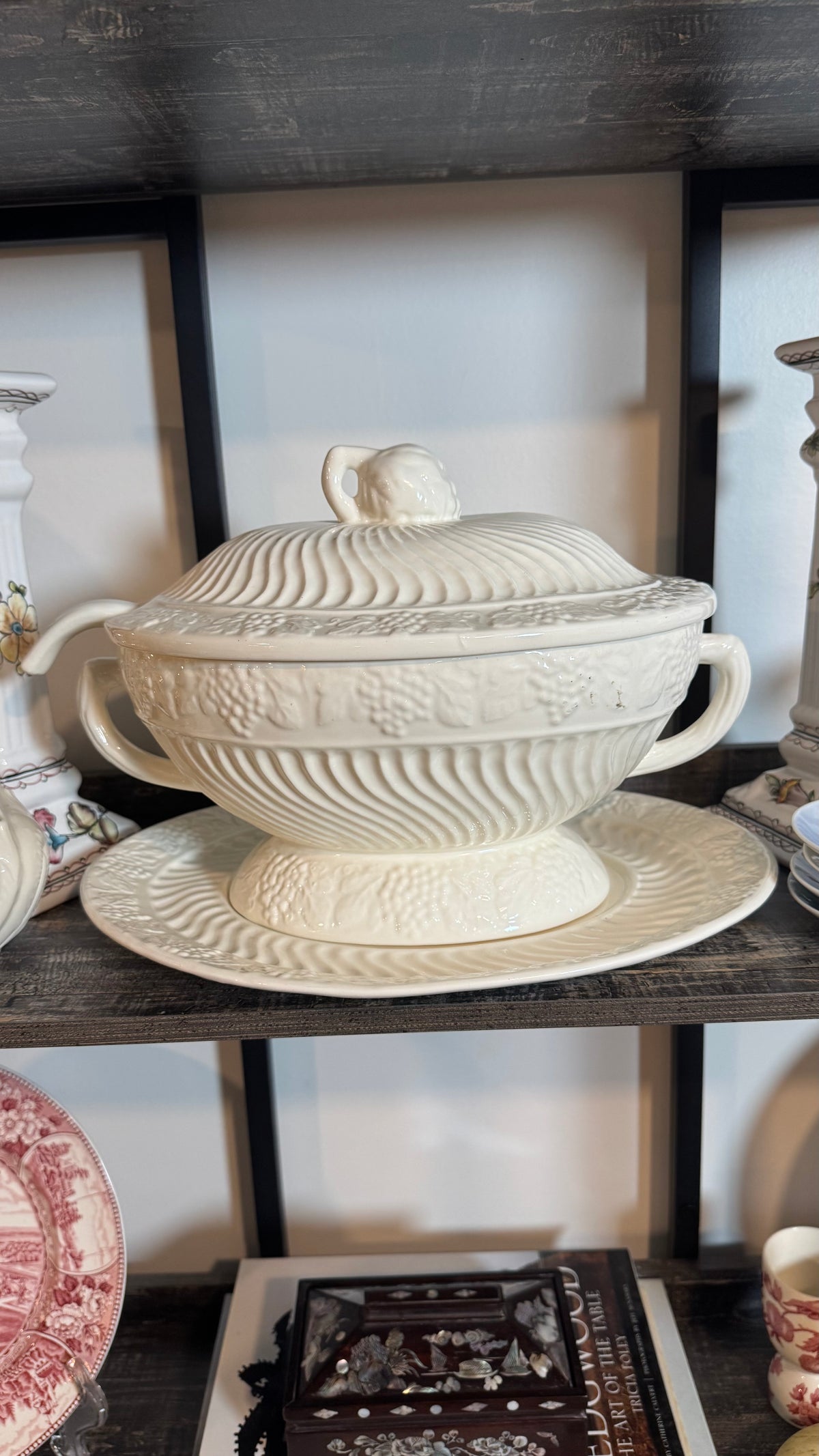 Vintage Ivory Embossed Soup Tureen with Ladle and Underplate