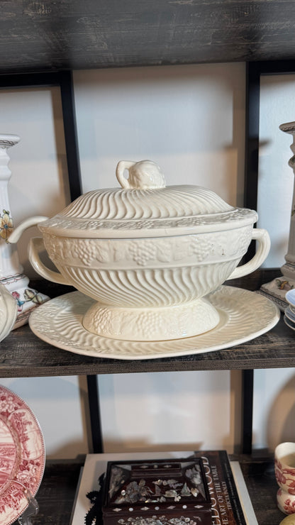 Vintage Ivory Embossed Soup Tureen with Ladle and Underplate
