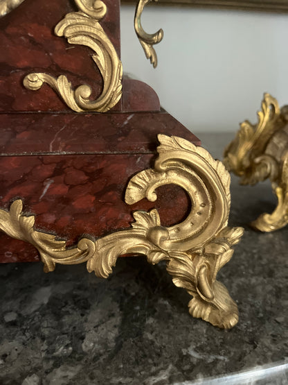 Exceptional Antique Rococo S. Marti France Rouge Griotte Marble And Bronze Ormulu Mantle Clock Circa 1860-1870