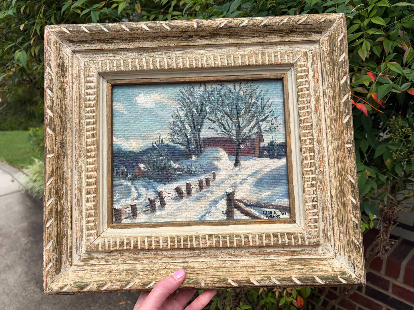 Lovely original signed and framed painting of snowy cabin scene!
